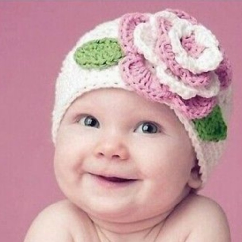 Pink & White Floral Crochet Baby Girl Beanie Hat - Picture 1 of 3